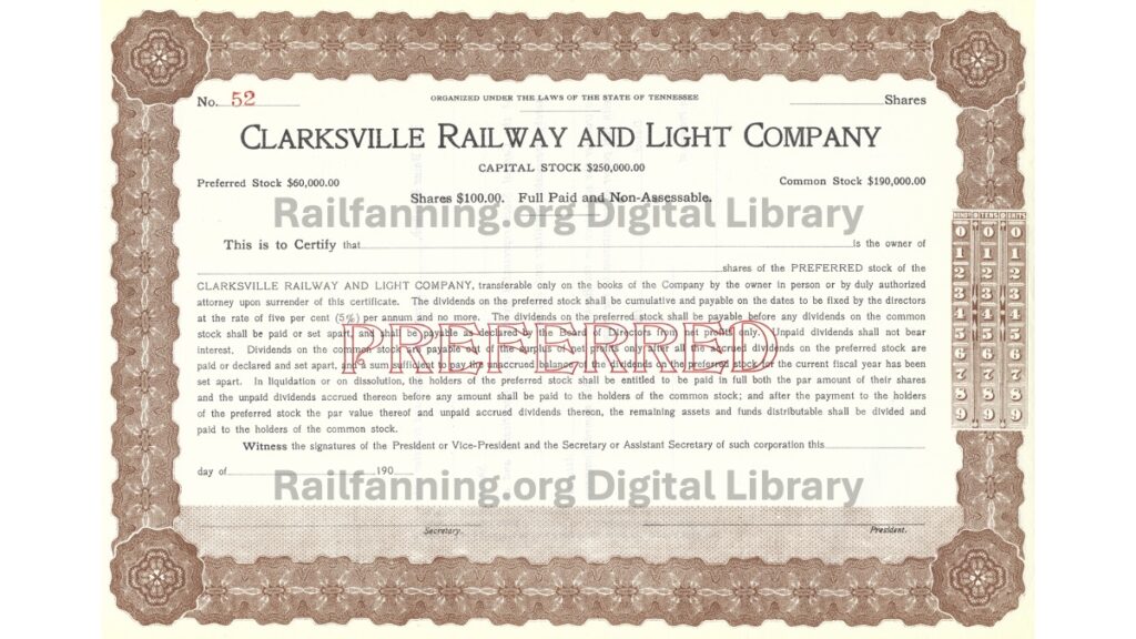 Clarksville Railway and Light Company Stock Certificate, Circa 1912