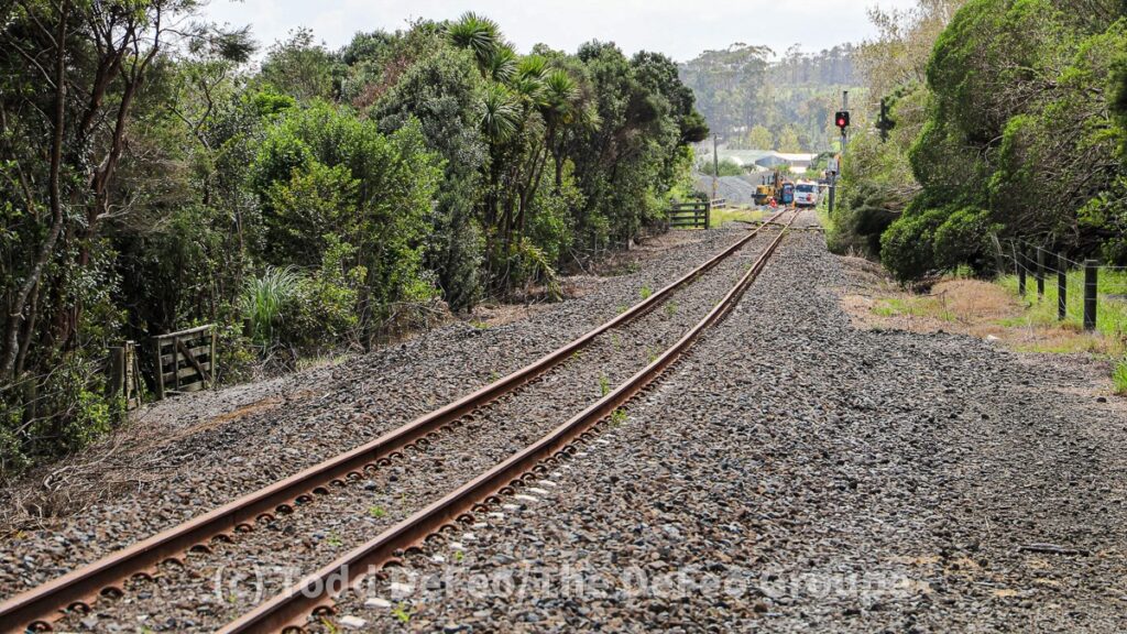 A view of railroad tracks in Helensville, New Zealand.