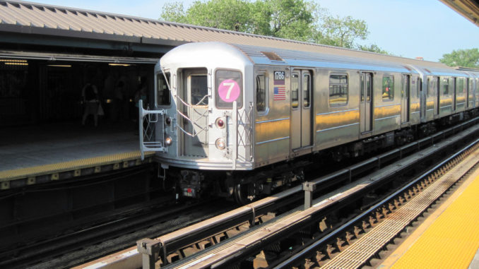 A train on the 7 Line pulls into the Mets – Willets Point station in Queens on May 29, 2012.
