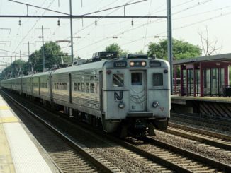 A southbound NJ Transit train passes through Elizabeth, N.J. in August 2003..