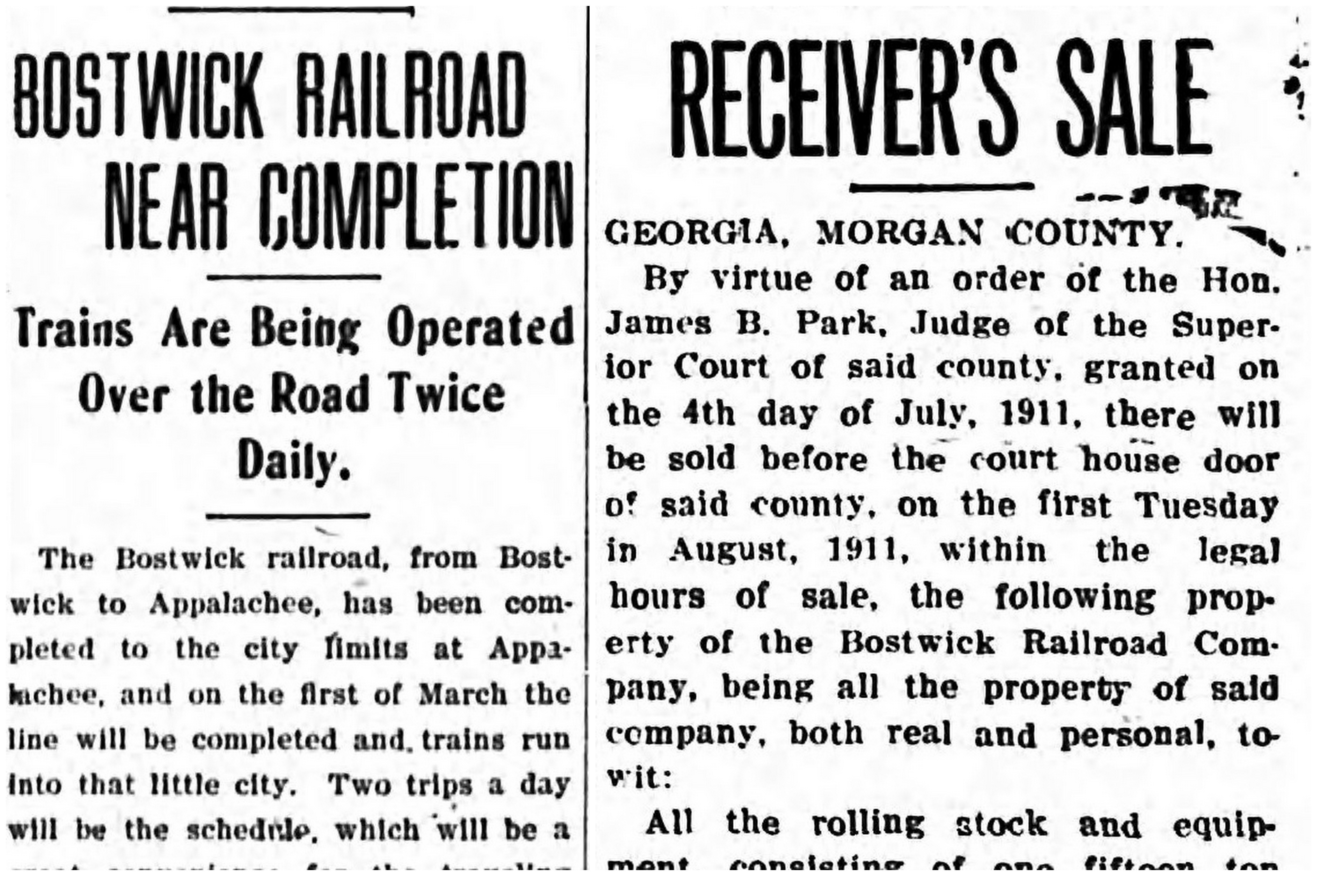 Newspaper headlines about the Bostwick Railroad.