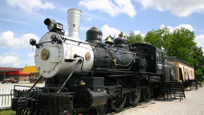 A steam locomotive is on display at the Casey Jones Museum.