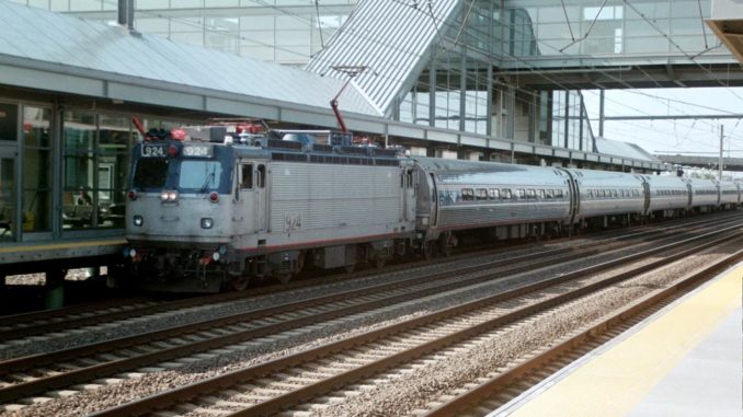 An Amtrak trains passes through the Newark Liberty International Airport trains station in Newark, N.J., in 2003.